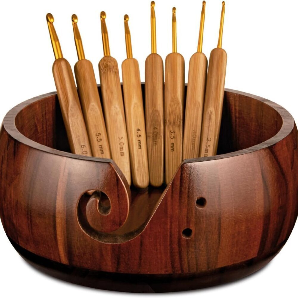 Yarn Bowl Wooden Holder with 8pc Crochet Hooks Set